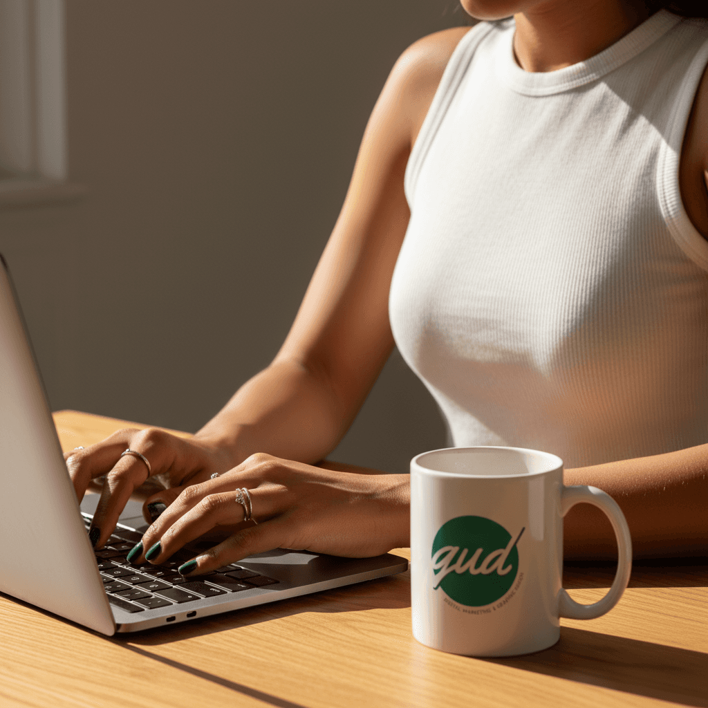 Professional working on laptop with GUD mug