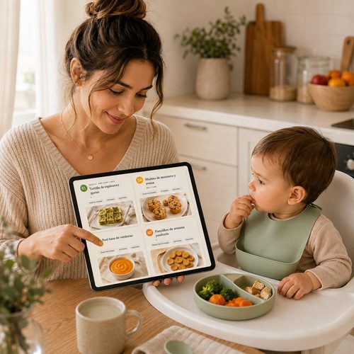 Mamá mostrándole una receta a su bebé en una tablet