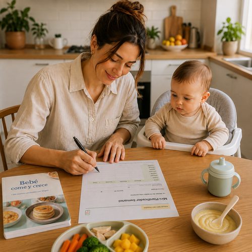 Mamá revisando el planificador semanal de Bebé Come y Crece